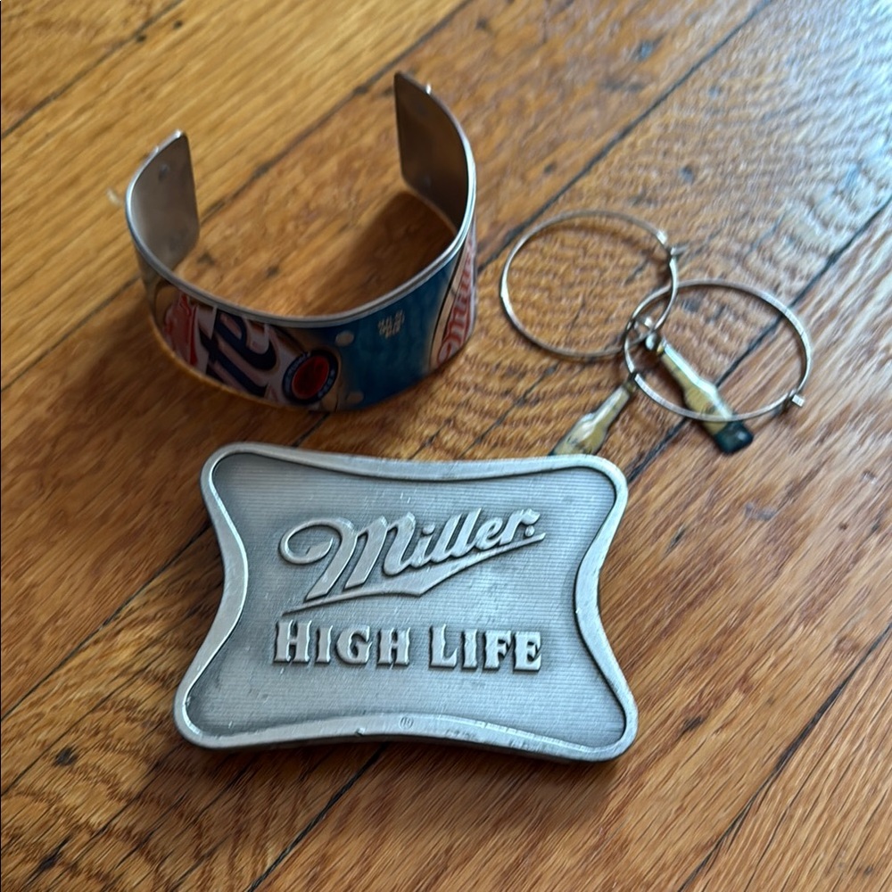 Miller High Life buckle, bangle, and earings
